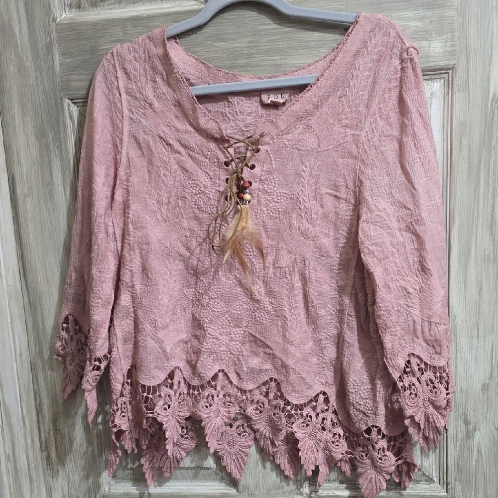 POL Dusty Pink Lace Accent Trim Blouse